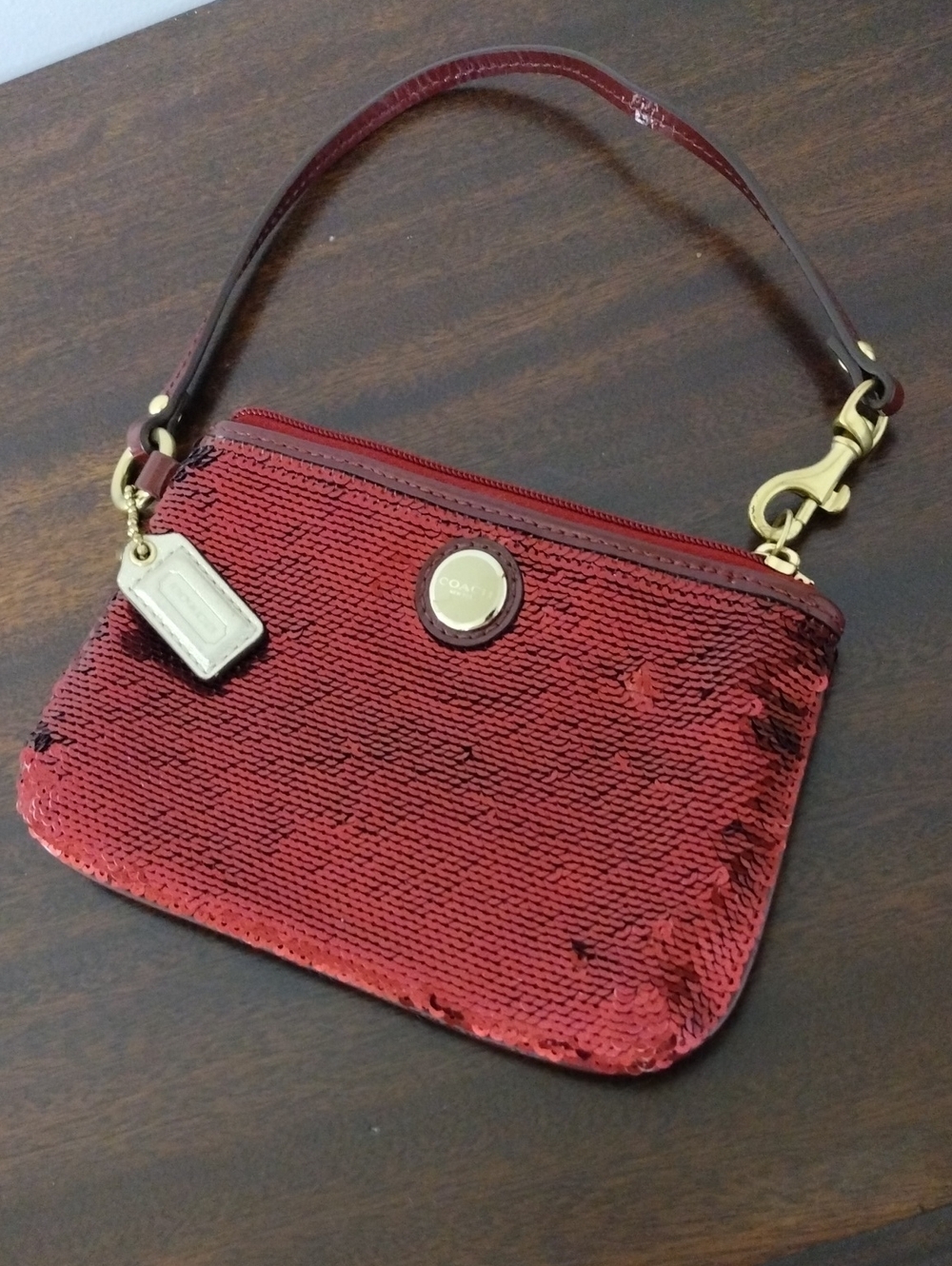 Coach Poppy Red Sequin Wristlet with Gold Hardware